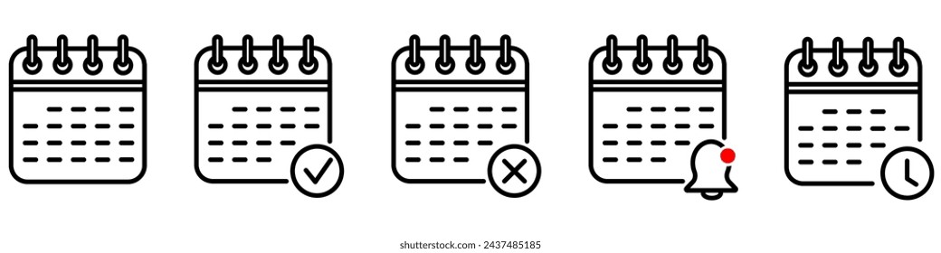 Monthly calendar icon set. Schedule reminder vector symbol. Planner sign. Agenda isolated illustration. Plain calendar pictogram for web site and mobile app.