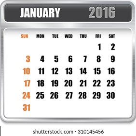 Monthly calendar for January 2016 on metallic plate, orange holidays. Can be used for business and office calendars, website design, prints etc. Vector Illustration