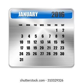 Monthly calendar for January 2016 on metallic plate, orange holidays. Can be used for business and office calendars, website design, prints etc. Vector Illustration