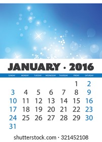 Monthly Calendar: January 2016 Template with Colorful Abstract Background. Vector Illustration.