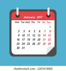 Monthly calendar for January 2017. Week starts on Monday. Time, planning and schedule concept. Flat design. Vector illustration. EPS 8, no transparency