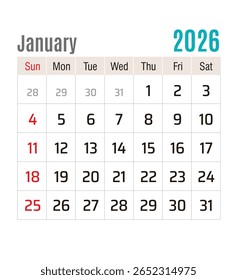 Calendário mensal, janeiro de 2026, ilustração vetorial isolada, eps