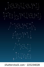 Monthly calendar for January to June in constellations and star shape. Vector. Illustration. 