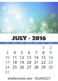 Monthly Calendar: July 2016 Template with Colorful Abstract Background. Vector Illustration.