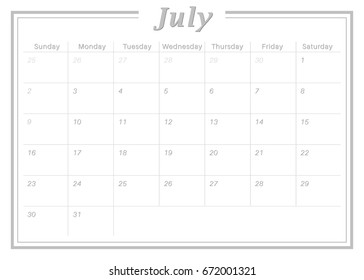Monthly Calendar July 2017