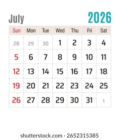 Calendário mensal, julho de 2026, ilustração vetorial isolada, eps