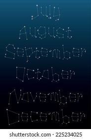 Monthly calendar for July to December in constellations and star shape. Vector. Illustration. 