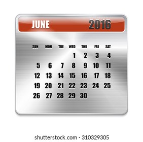 Monthly calendar for June 2016 on metallic plate, orange holidays. Can be used for business and office calendars, website design, prints etc. Vector Illustration