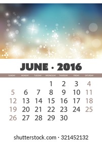 Calendario mensual: Plantilla de junio de 2016 con fondo abstracto colorido. Ilustración vectorial.