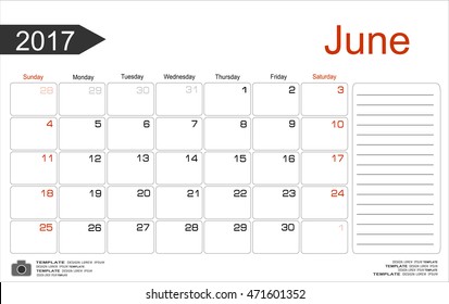Monthly Calendar for June 2017 Year. Vector Design Print Template. Week Starts Sunday. 