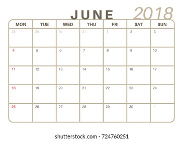 Monthly Calendar June 2018
