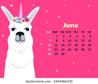 Monthly Calendar for June 2020 from Sunday to Saturday. Cute llama unicorn. Alpaca cartoon character. Funny animal.