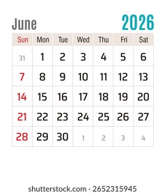 Calendário Mensal, junho de 2026, ilustração vetorial isolada, eps