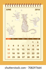 Monthly calendar June year 2018 with cat. Layout a4 vertical page of spiral calendar year 2018. English language. Week starts on Sunday. eps 10.