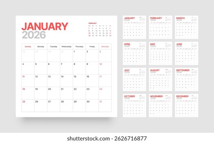 Monthly calendar layout for 2026 year. Planner Square diary for 2026 year. Week Starts on Sunday. 