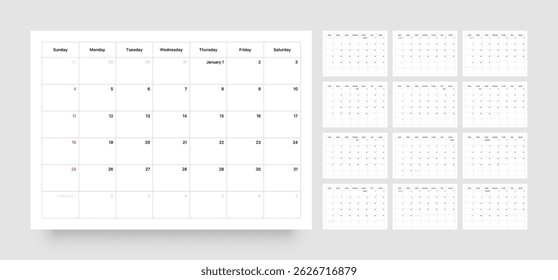 Monthly calendar layout for 2026 year. Minimalistic Diary planner for 2026 year. Week Starts on Sunday. Calendar Set for 2026 year.