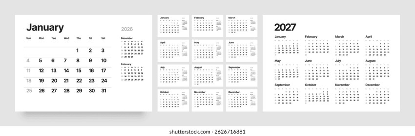 Monthly calendar layout for 2026 year. Diary planner for 2026 year. Week Starts on Sunday. 