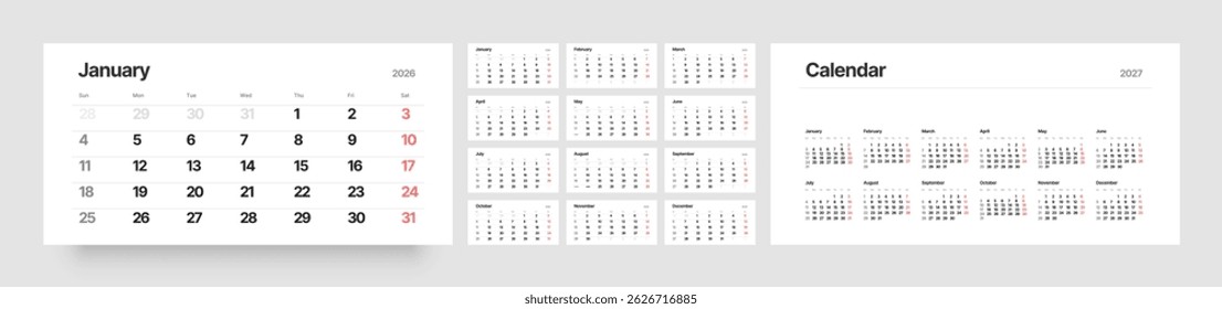 Monthly calendar layout for 2026 year. Quarterly calendar for 2026 year. Week Starts on Sunday. 