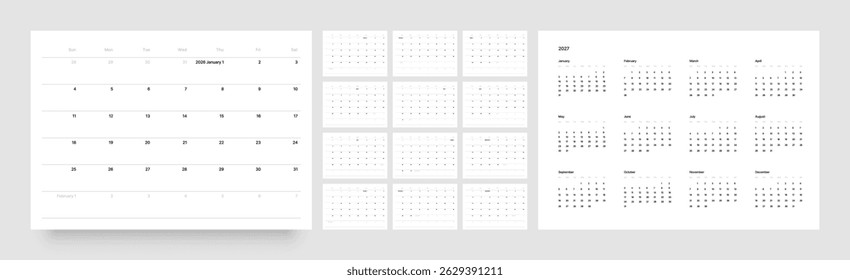 Monthly calendar layout for 2026 year. Minimalistic Diary planner for 2026 year. Week Starts on Sunday. 
