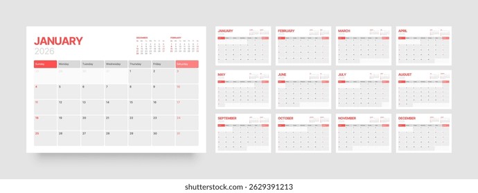 Monthly calendar layout for 2026 year. Diary planner for 2026 year. Week Starts on Sunday. Calendar Set for 2026 year.