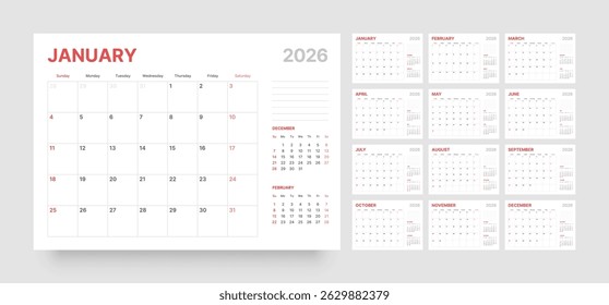 Monthly calendar layout for 2026 year. Diary planner for 2026 year. Week Starts on Sunday. Calendar Set for 2026 year.