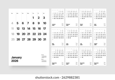 Monthly calendar layout for 2026 year. Vertical diary planner for 2026 year. Week Starts on Sunday. 