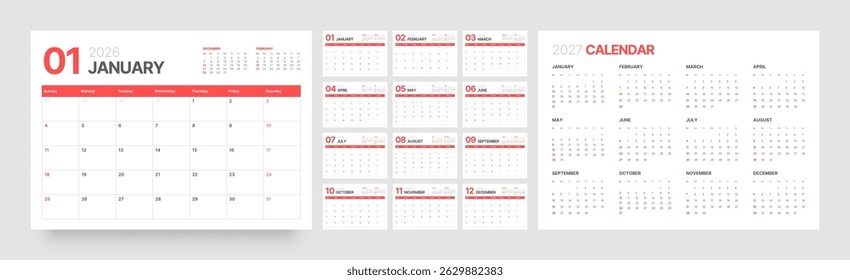 Monthly calendar layout for 2026 year. Diary planner for 2026 year. Week Starts on Sunday. 