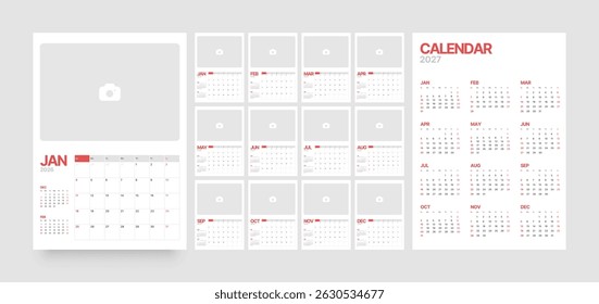 Monthly calendar layout for 2026 year. Vertical diary planner with place for photo for 2026 year. Week Starts on Sunday. Calendar Set for 2026 year.