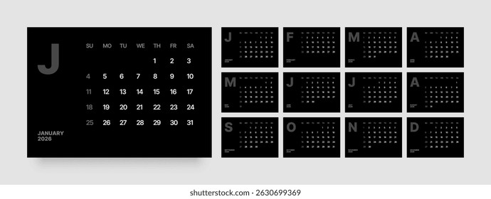 Layout do calendário mensal para o ano de 2026. Calendário de parede ou mesa 2026 em cor escura. A semana começa no domingo. 