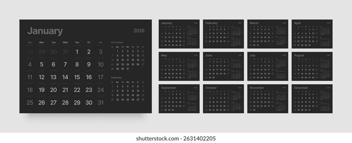 Monthly calendar layout for 2026 year. Wall or desk calendar 2026 in dark color. Week Starts on Sunday. 