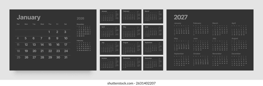 Monthly calendar layout for 2026 year. Wall or desk calendar 2026 in dark color. Week Starts on Sunday. 