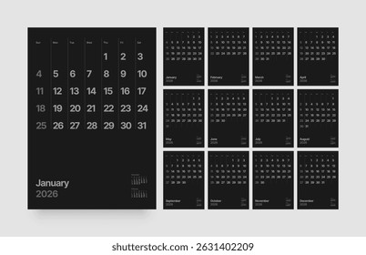 Monthly calendar layout for 2026 year. Vertical diary planner for 2026 year in dark color. Week Starts on Sunday. 