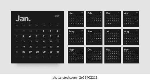 Monthly calendar layout for 2026 year. Planner Square diary for 2026 year in dark color. Week Starts on Sunday. 