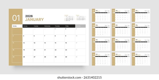 Monthly calendar layout for 2026 year. Diary planner for 2026 year. Week Starts on Sunday. 