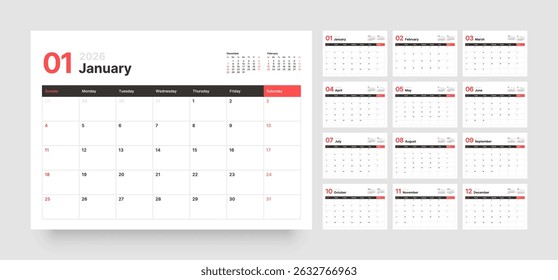 Monthly calendar layout for 2026 year. Diary planner for 2026 year. Week Starts on Sunday. 