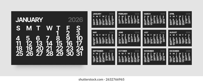 Monthly calendar layout for 2026 year. Wall or desk calendar 2026 in dark color. Week Starts on Sunday. 