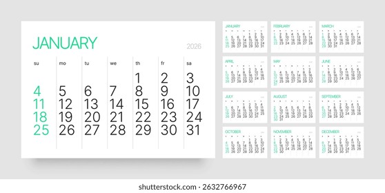 Monthly calendar layout for 2026 year. Diary planner for 2026 year. Week Starts on Sunday. 