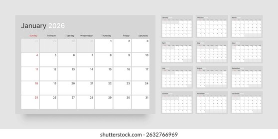 Monthly calendar layout for 2026 year. Diary planner for 2026 year. Week Starts on Sunday. 