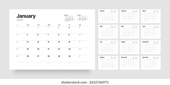 Monthly calendar layout for 2026 year. Diary planner for 2026 year. Week Starts on Sunday. 
