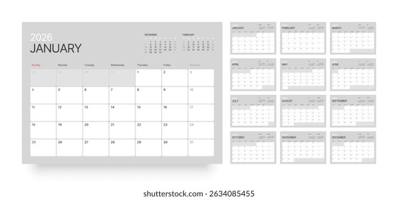 Monthly calendar layout for 2026 year. Diary planner for 2026 year. Week Starts on Sunday. 