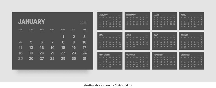 Monthly calendar layout for 2026 year. Wall or desk calendar 2026 in dark color. Week Starts on Sunday. 
