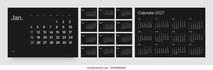 Monthly calendar layout for 2026 year. Wall or desk calendar 2026 in dark color. Week Starts on Sunday. 