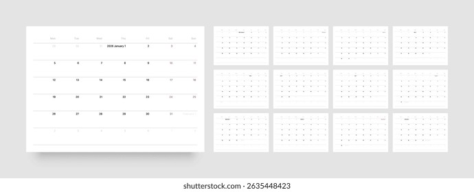 Monthly calendar layout for 2026 year. Minimalistic Diary planner for 2026 year. Week Starts on Monday. 