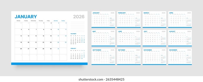 Monthly calendar layout for 2026 year. Diary planner for 2026 year. Week Starts on Monday. 