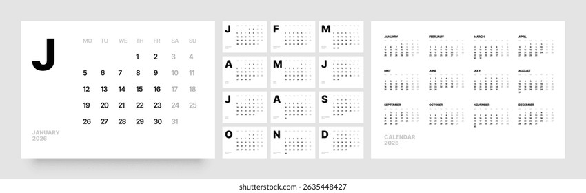 Monthly calendar layout for 2026 year. Diary planner for 2026 year. Week Starts on Monday. 