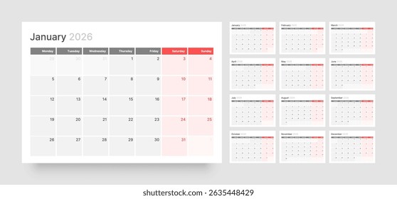 Monthly calendar layout for 2026 year. Diary planner for 2026 year. Week Starts on Monday. 