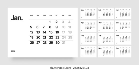 Monthly calendar layout for 2026 year. Diary planner for 2026 year. Week Starts on Monday. 