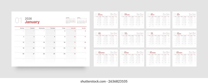 Monthly calendar layout for 2026 year. Diary planner for 2026 year. Week Starts on Monday. 