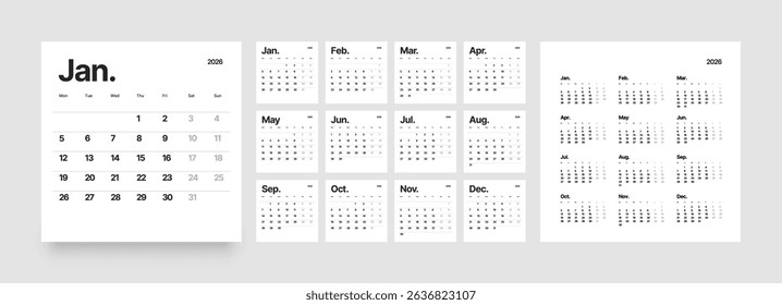 Monthly calendar layout for 2026 year. Planner Square diary for 2026 year. Week Starts on Monday. 