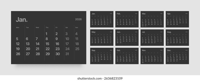 Monthly calendar layout for 2026 year. Diary planner for 2026 year in dark color. Week Starts on Monday. 